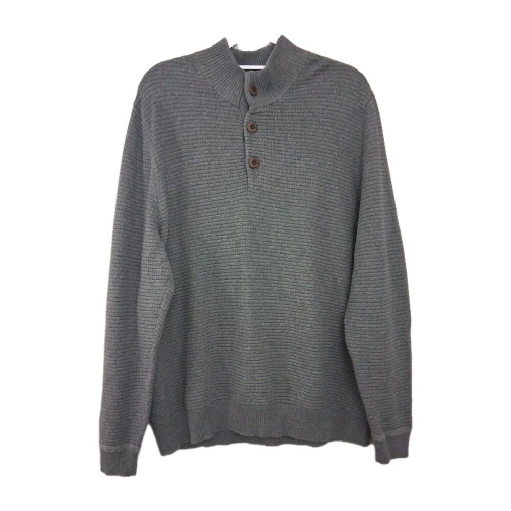 G.H. Bass & Co Mens Vintage Grey Waffle Knit Sweater XXL Button Mock Neck Thick